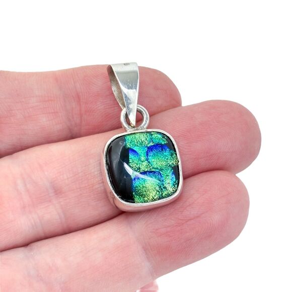 Vintage Jewelry - Vintage Artisan Sterling Silver 925 Blue Green Dichroic Glass Pendant